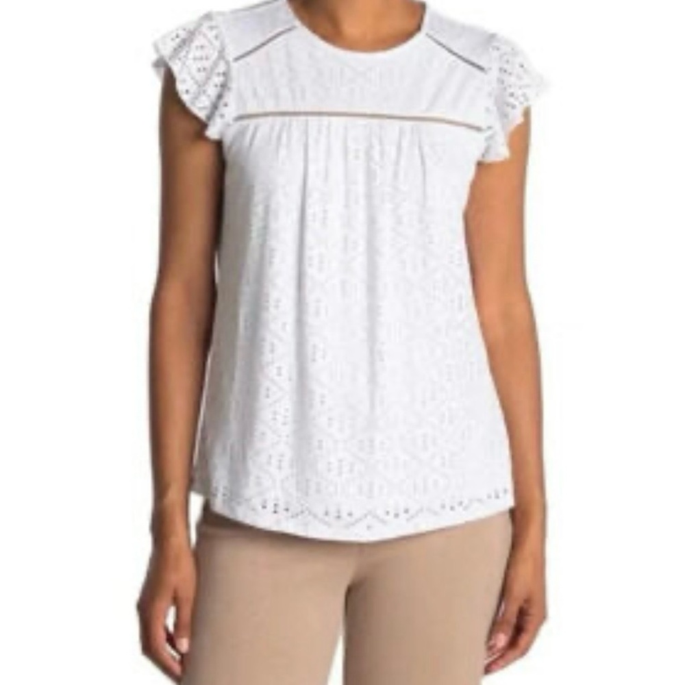 Adrianna Papell White Ruffle Sleeve Eyelet Knit Blouse
